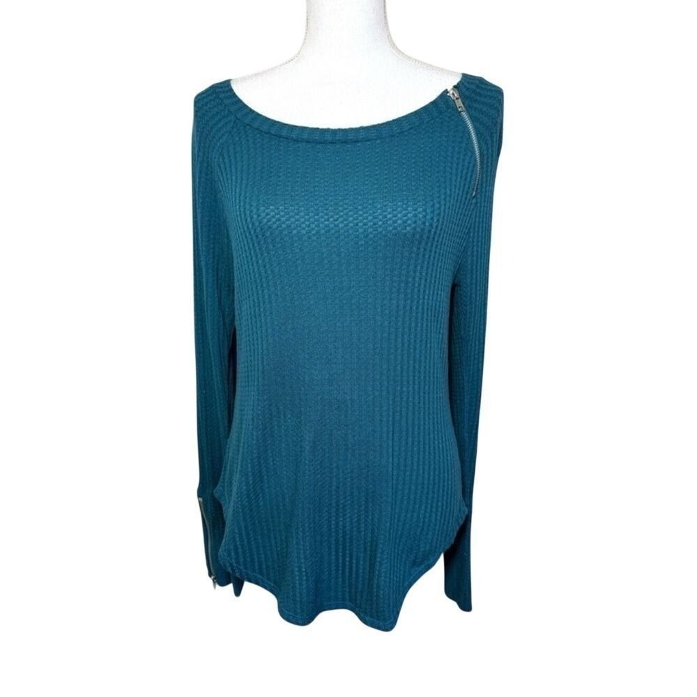 Chaser Teal Waffle Knit Scoop Neck Sweater Top Women Size Small